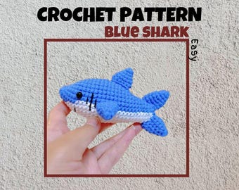Virkmönster för blå haj Kawaii marint liv Enkel Amigurumi PDF Mini fisk nyckelring present till vänner söt djur baby haj nyckelring