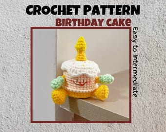 Pastel de cumpleaños kawaii con cara Patrón de crochet Mini pastel con vela Amigurumi PDF Lindo juguete de comida pequeña Postre Regalo para bebés y niños