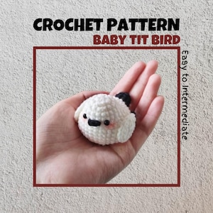 Może przedstawiać: Biały ptak na szydełku z czarnymi oczami i różowym dziobem. Ptak jest trzymany w dłoni. Obrazek jest oznaczony jako "Crochet Pattern Baby Tit Bird Easy to Intermediate".