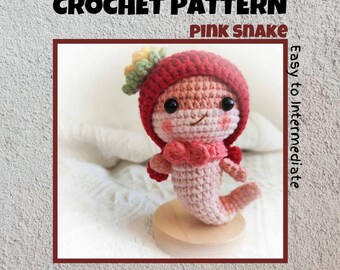 Pink Snake Crochet Pattern Small Reptile Animal Plush Toy Amigurumi New Year 2025 Kawaii Snake Chinese Zodiac Doll Cute Face Hat Bow Tie