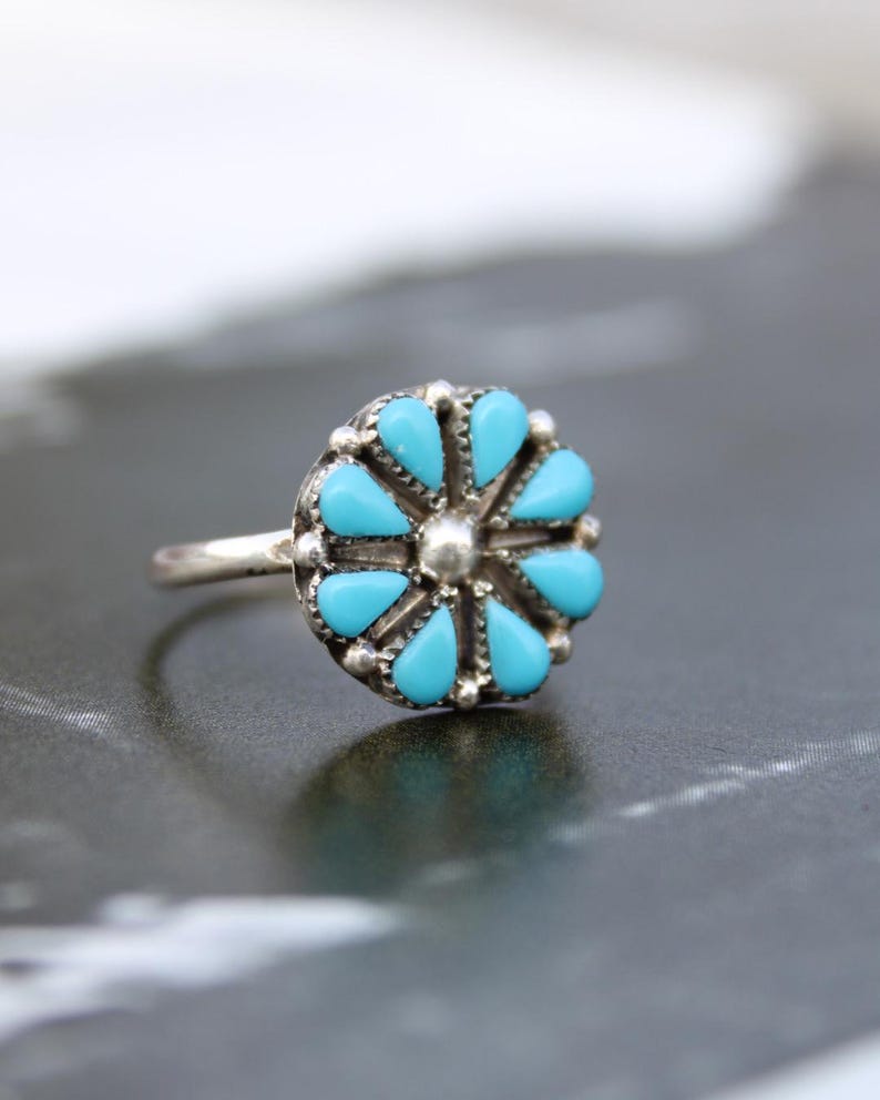 Zuni Handmade Sterling Silver Kingman Turquoise Cluster Ring - Size 6.5 ...