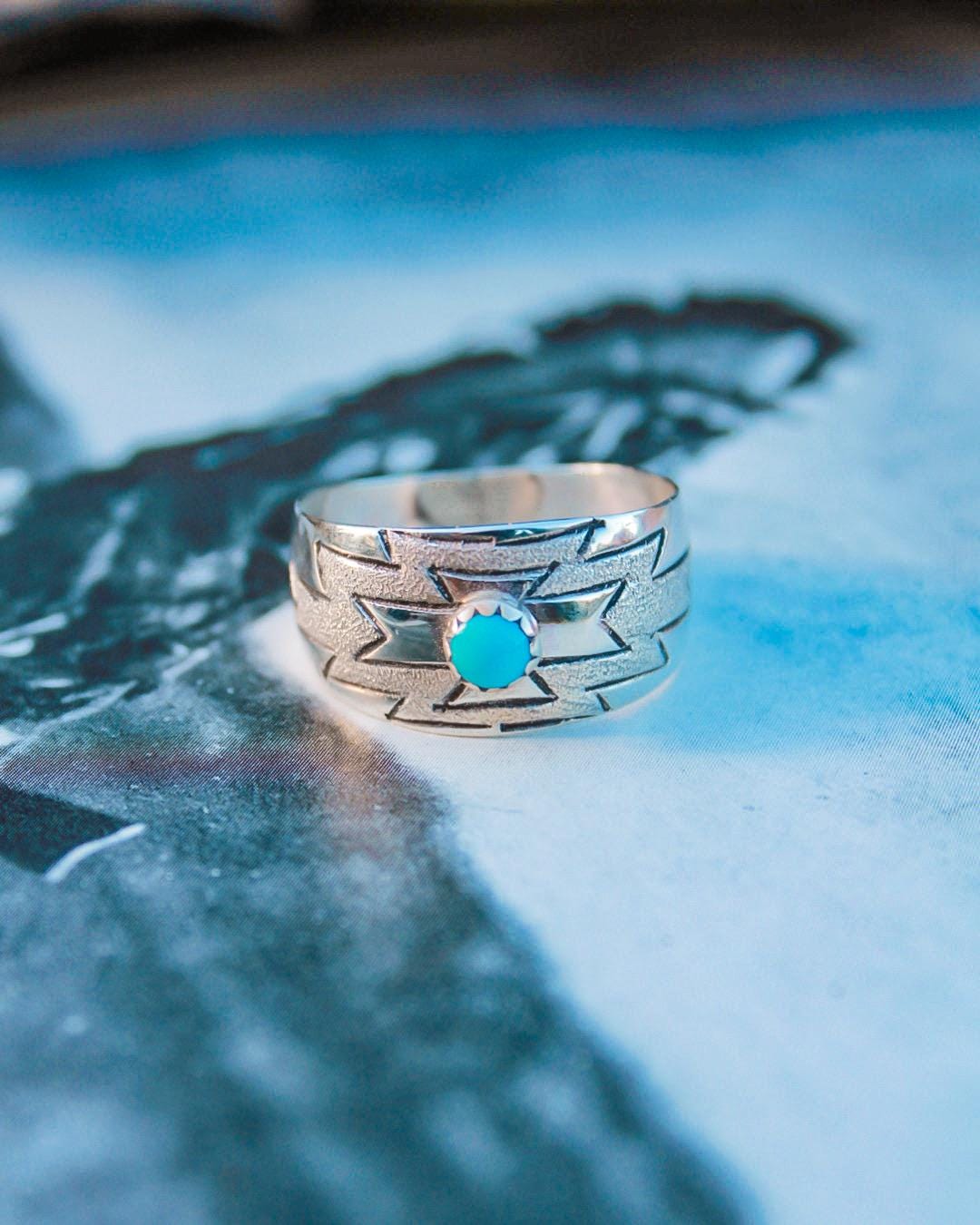 Navajo Sterling Silver Kingman Turquoise Aztec Ring - SIZE 6 - Etsy