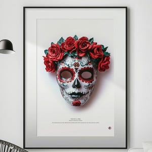 Poster Masque Muerte Femme rose : un vibrant hommage à la vie et au souvenir, orné de détails floraux complexes pour Día de los Muertos