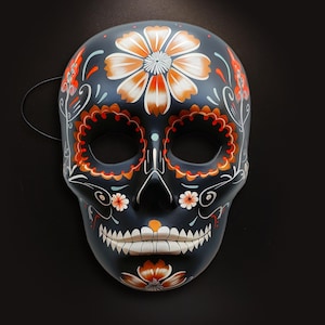 Máscara preta do Dia dos Mortos, Dia de los Muertos: impressa a partir de originais pintados à mão com efeito 3D e alça para eventos, casamentos, festas