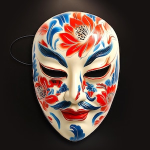 Blossom Spirit Chinese Mask | FLAT Mask Printed from Hand-Painted Design with 3D Effect & Strap for Festivals, Parties, Costumes