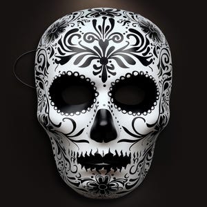Máscara blanca del Día de los Muertos: impresa a partir de originales pintados a mano con efecto 3D y correa para eventos, bodas y fiestas