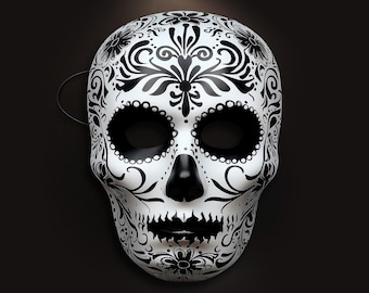 White Day Muerte Mask: Day of the Dead | FLAT Mask Printed from Hand-Painted Design with 3D Effect & Strap for Festivals, Parties, Costumes