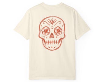 Muerte Skull Unisex T-Shirt - Dia de los Muertos Inspired Tee, Bold Sugar Skull Art, Garment-Dyed Cotton Shirt, Festival Style