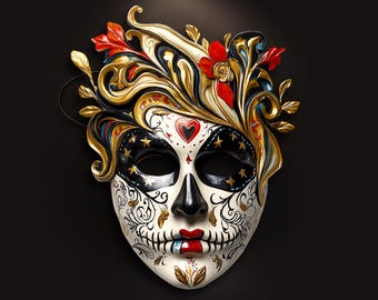 Cuorina Venetian Mask | FLAT Mask Printed from Hand-Painted Design with 3D Effect & Strap for Carnival, Parties, Costumes