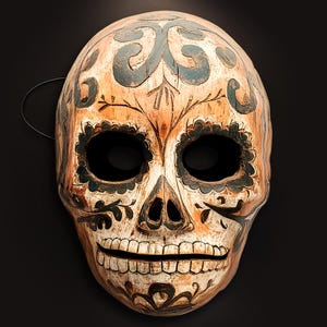 Máscara de madera de la Muerte: Día de Muertos / Máscara plana impresa a partir de un diseño pintado a mano con efecto 3D y correa para festivales, fiestas y disfraces.