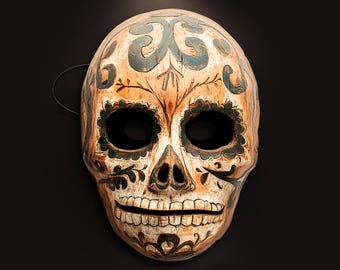 Wood Muerte Mask: Day of the Dead | FLAT Mask Printed from Hand-Painted Design with 3D Effect & Strap for Festivals, Parties, Costumes