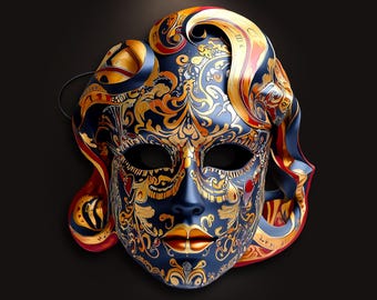 Nerovolta Venetian Mask | FLAT Mask Printed from Hand-Painted Design with 3D Effect & Strap for Carnival, Parties, Costumes