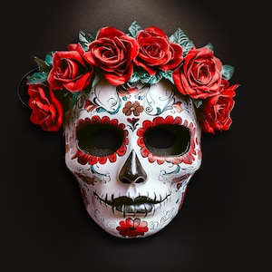 Máscara de la Muerte de la Mujer Rosa: Día de los Muertos; Impresa a partir de originales pintados a mano con efecto 3D y correa para eventos, bodas, fiestas