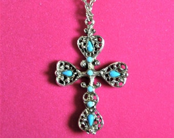 Vintage Faux Turquoise Cross Pendant Chain Necklace