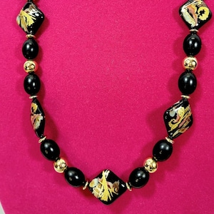 Vintage Japan Cloisonne Enamel Beaded Necklace, Black with Gold Dust, Vintage Necklace