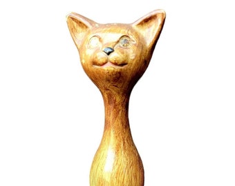 Vintage MCM Long Neck Cat Figurine, Faux Wood?, Rhinestone Eyes