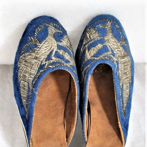 Geisha Antique Shoes, Blue Velvet Japanese Slip-Ons, Fire Bird Motif in Embroidered Silver Threads, Leather Lining and Soles