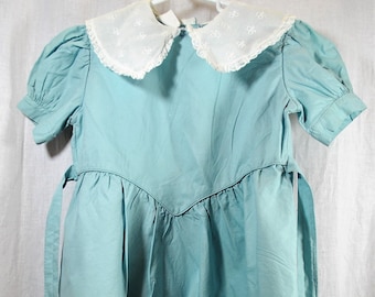 Girl's Blue Cotton Dress with White Embroidered with Lace Eyelet Collar, Short Sleeves, Vee Waistline with Piping, Size 6