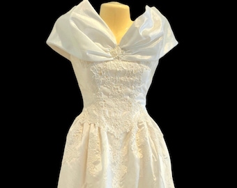 Vintage Satin Wedding Gown: Floral Lace, Faux Pearls, Sequins, XXS