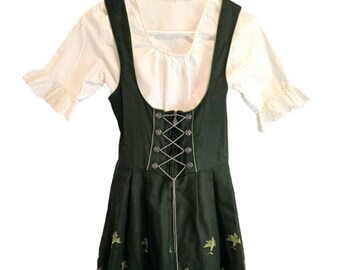 German Dirndl Dress Costume Green with Embroidered Flowers, Chain Tie Bodice, Under Blouse, Unterlander, Size Small or Extra Small