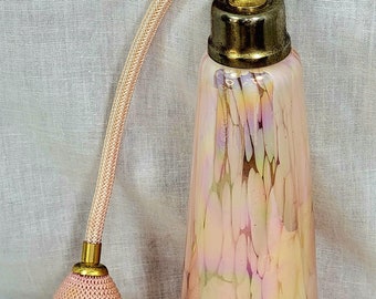 Perfume Bottle Atomizer, Vintage Art Deco Style Pink Art Glass 7-5/8" Tall Iridescent Lusterwear Swirl Dots