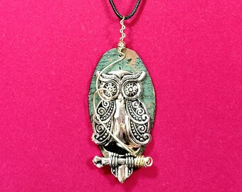 Large Rustic Owl Pendant on Black Adjustable Cord, Artisan Necklace