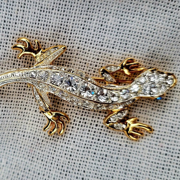 Vintage Gold-tone Clear Rhinestone Lizard Salamander Gecko Brooch, Blue Rhinestone Eyes, by PS Co