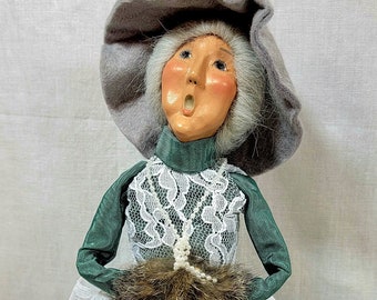 Byer's Choice Caroler 1997, Woman with White Hair, Lace Dress, Faux Pearl Necklace  and Fur Muff