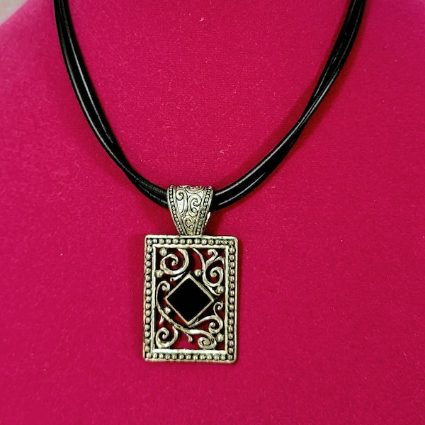 Chico's Necklace, Faux Black Onyx Silver Filigree Pendant on Double Rope with Adjustable Clasp