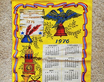 1976 Calendar Towel Vintage Linen, Liberty Bell Eagle, Declaration of Independence, 1776 BiCentennial