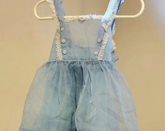 Vintage Blue Nylon Toddler Girl Dress with Polka Dots and Straps, Size 3?