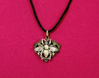 Silver and Bronze Tone Bee Necklace Art Deco Style on Black Cord