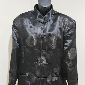 Vintage black brocade Tang jacket dragon pattern and traditional pankou buttons, Size Large