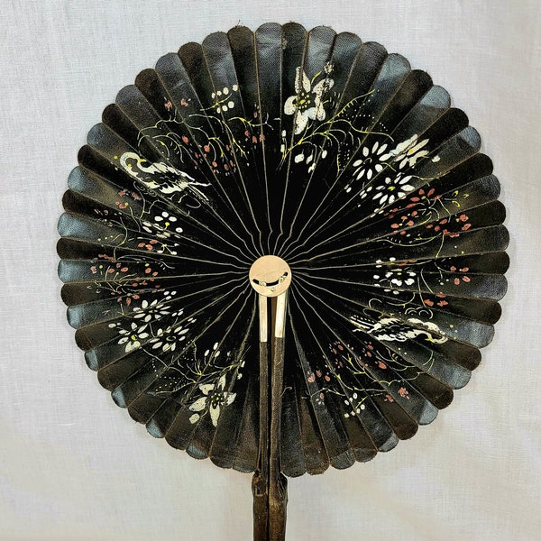 Vintage Cockade Style Waxed Linen Folding Hand Fan, Hand Painted Floral Design, Ogi Fan