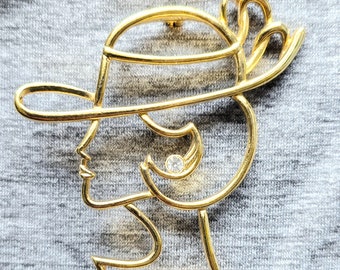 Vintage Gold Tone Woman with Flower-Trimmed Hat Head/Profile Brooch