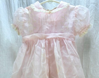 Vintage Nylon Baby Girl Dress by Party Look Original - Pink Sheer Nylon Dress, 12 Months?