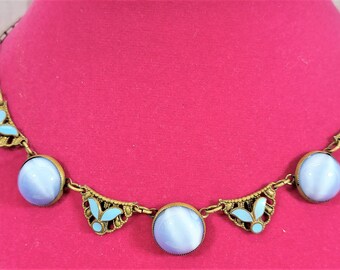 Edwardian Blue Moonstone and Enamel Necklace on a Brass Paperclip Chain, alternating enamel
