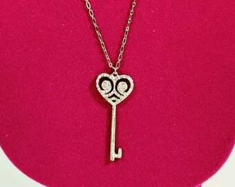 Silver Tone Crystal Heart Key Pendant Necklace 20 Inches