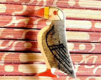 Puffin Brooch, Hand Painted and Etched by Marac