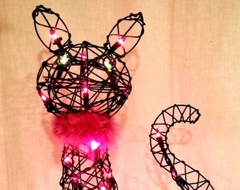 Vintage Wire Black Cat Light Lamp, Tall With Lights and Pink Boa Collar