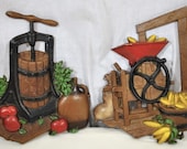 Homco 1978 Metal Wall Plaques, Butter Churn, Corn Shucker, Vintage Lot of 2, Country Decor