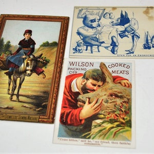 SCHLUSSVERKAUF Esel-Werbekarten, Lot von 3, gekochtes Fleisch von Eisen, Smith's Regenschirme, Haushaltsnähmaschine