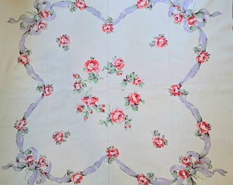 Vintage Roses Tablecloth with Purple Bows, Small Square