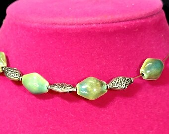 Vintage Memory Wire Choker Necklace, Green Beads with Silver Spacers