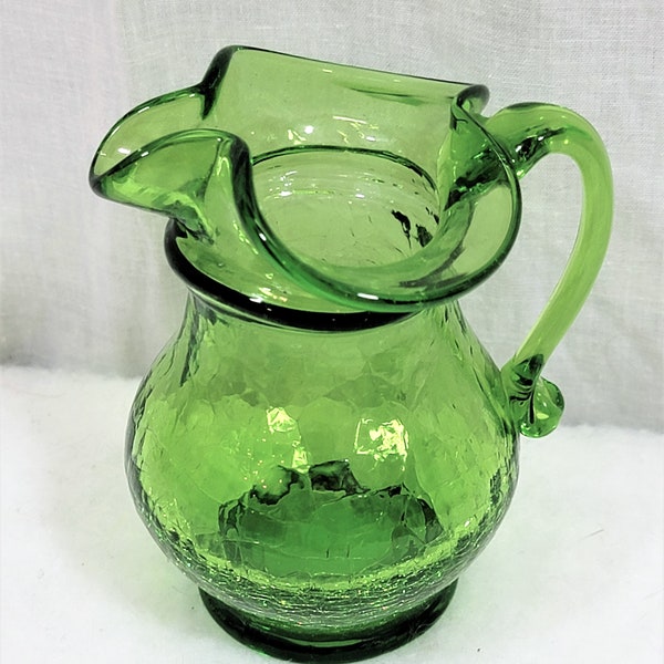 Vintage Green Crackle Glass Creamer Pitcher 4" Tall - Matching Applied Smooth Handle - Milk Pitcher