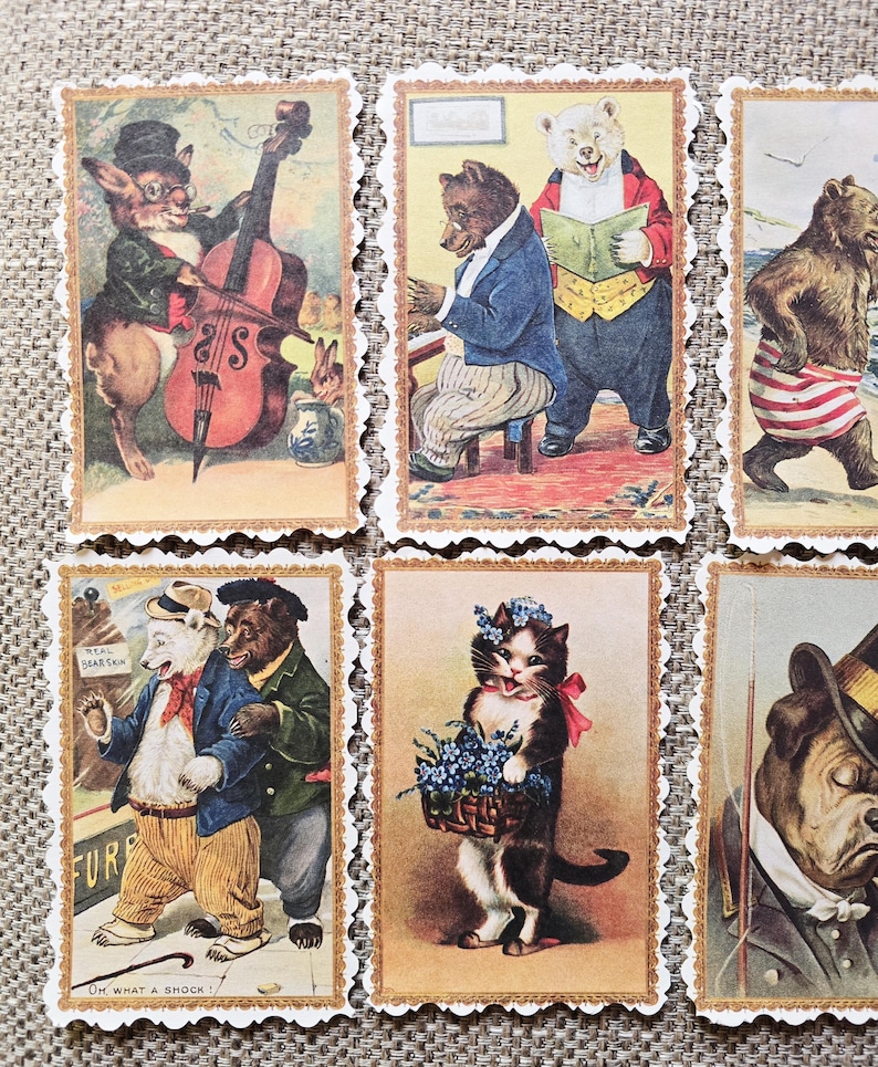 May include: A collection of vintage-style postcards featuring anthropomorphic animals. The cards depict a rabbit playing a cello, bears reading and playing piano, a cat with flowers, and a dog in a suit. Each card has a decorative scalloped edge.