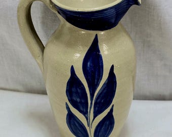 Williamsburg Pottery Pitcher Salt Glazed Cobalt Blue Leaves 6” High