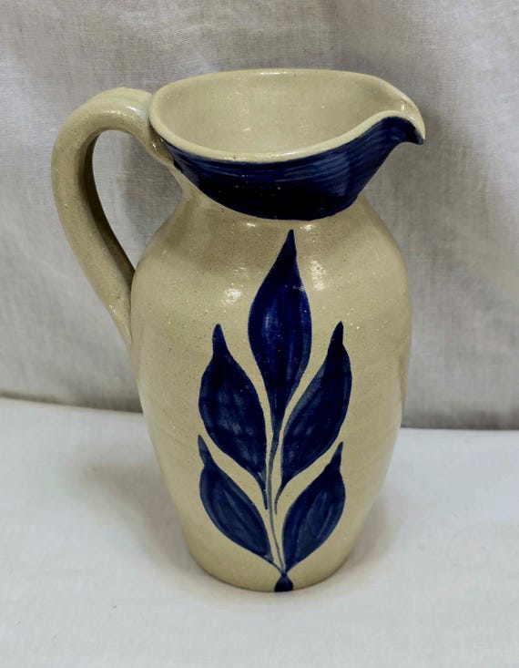Williamsburg Pottery Pitcher Salt Glazed Cobalt Blue Leaves 6” High