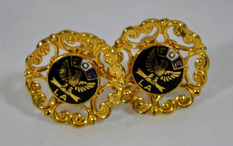 LA Chapter Gold and Black Screw Back Fraternal Order of Eagles Earrings