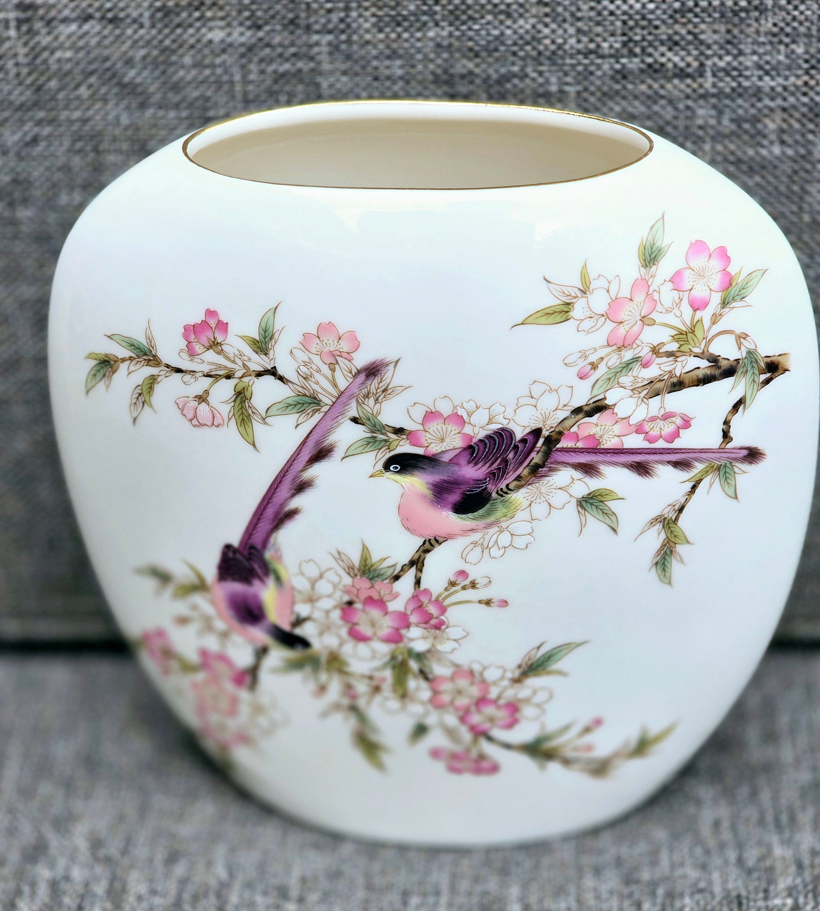 Vintage Yamaji Japan Handpainted Bird Blossoms Pink Vase Purple